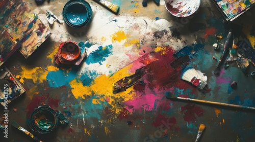 Fototapeta Naklejka Na Ścianę i Meble -  Visualize a table covered with spilled paint and brushes.