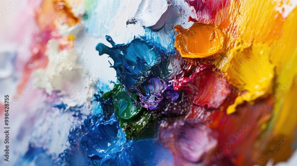 Visualize a palette with splashes of paint in various stages of blending Visualize a palette with splashes of paint in various stages of blending