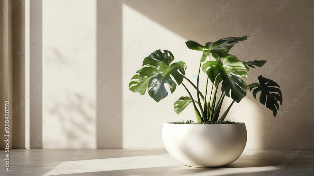 minimalist indoor garden featuring a sculptural white planter with a striking monstera plant casting dramatic shadows minimalist indoor garden featuring a sculptural white planter with a striking monstera plant casting dramatic shadows