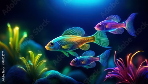 Trois poissons luminescents au fond de l'océan photo