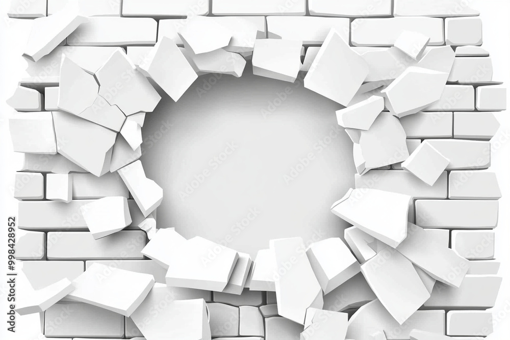 Obraz premium cracked white hole in wall creates striking visual effect, showcasing broken bricks and fragments. This image evokes sense of destruction and transformation
