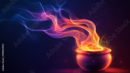 vibrant cauldron emits swirling flames and colorful smoke, creating mystical atmosphere filled with energy and intrigue. abstract design captivates viewers imagination