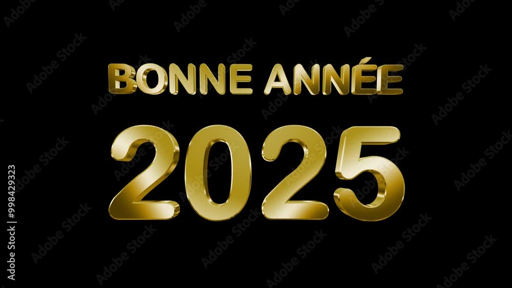 Animation of Happy New Year 2025 (Bonne Année) wishes in French, with 3D golden text illuminated by light rays. Perfect for New Year’s Eve celebrations and video greeting