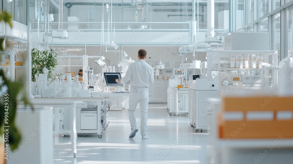 A scientist in white lab coat walks through modern laboratory filled with glassware and advanced equipment, showcasing clean and innovative environment A scientist in white lab coat walks through modern laboratory filled with glassware and advanced equipment, showcasing clean and innovative environment