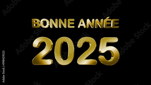 Animation of Happy New Year 2025 (Bonne Année) wishes in French, with 3D golden text illuminated by light rays. Perfect for New Year’s Eve celebrations and video greeting