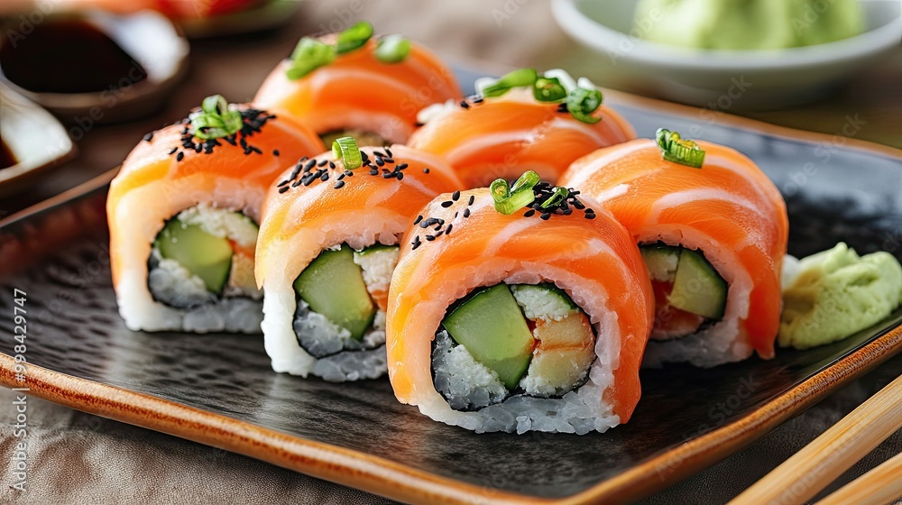 A vibrant plate of sushi rolls with avocado, cucumber, and salmon, served with soy sauce and wasabi.