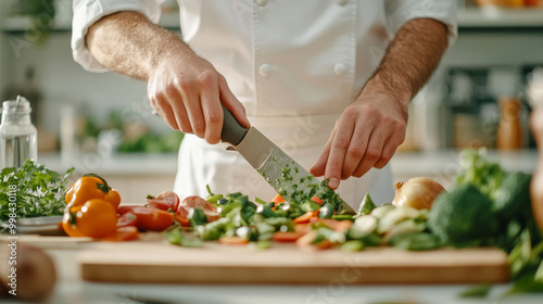 Fresh vegetables are being chopped skillfully in modern kitchen, showcasing art of cooking. vibrant colors of ingredients create an inviting atmosphere for culinary creativity