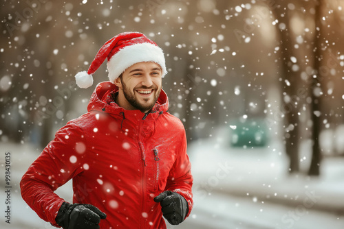 young handsome man running in winter park