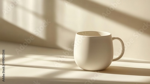 minimalist product shot of a pristine white ceramic mug soft shadows and subtle reflections emphasize the clean lines and smooth texture against a neutral background