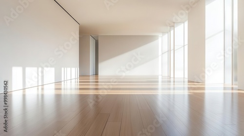 minimalist sanctuary serene empty room with smooth wooden floors and stark white walls illuminated by soft diffused light streaming through unseen windows