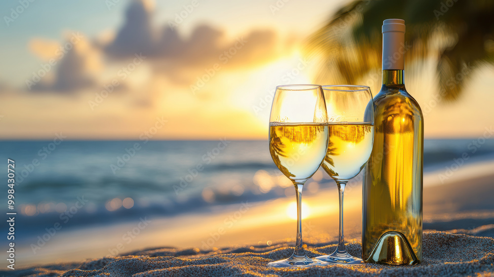 Sunset view with wine bottle and glasses on the beach Sunset view with wine bottle and glasses on the beach