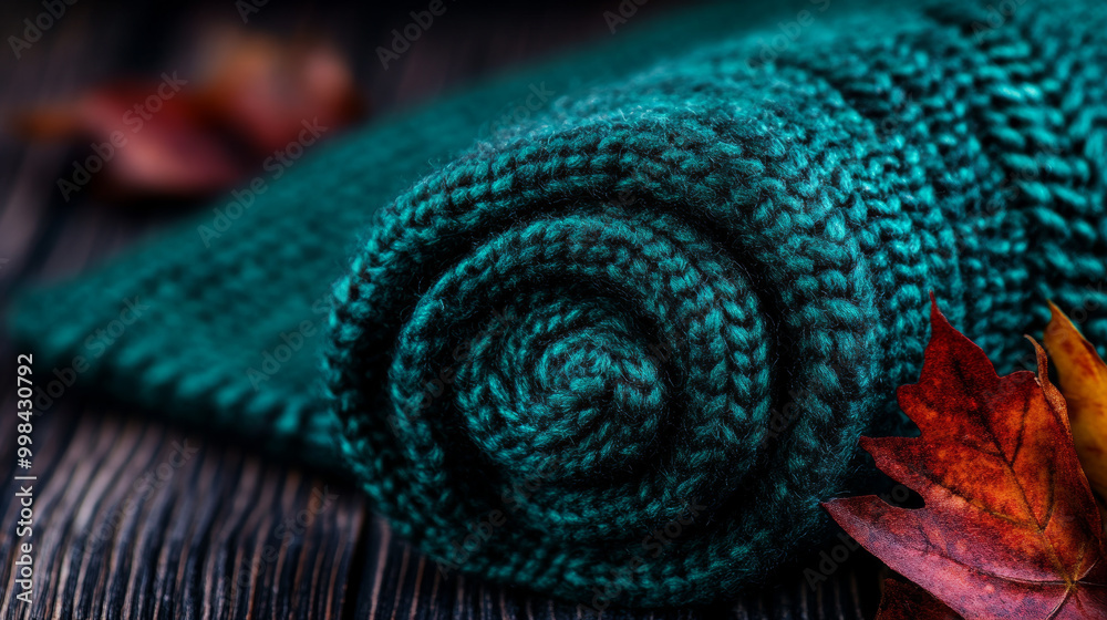 Cozy woolen fabric in rich teal color, beautifully rolled and accompanied by autumn leaves, evokes warmth and comfort. Perfect for seasonal decor or textile design Cozy woolen fabric in rich teal color, beautifully rolled and accompanied by autumn leaves, evokes warmth and comfort. Perfect for seasonal decor or textile design