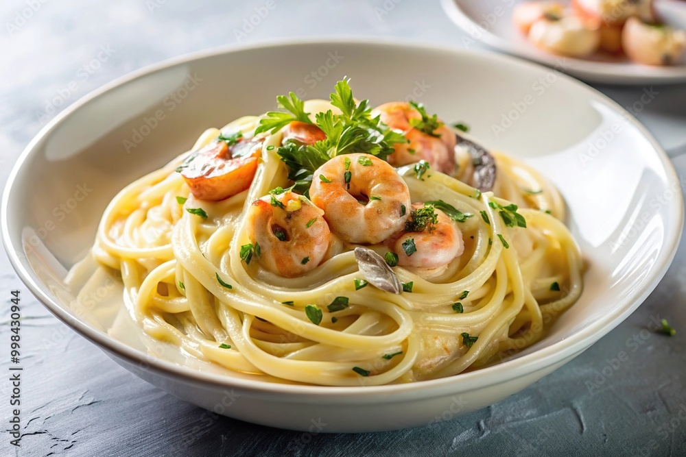 Creamy spaghetti shrimp with truffle sauce on a white plate Creamy spaghetti shrimp with truffle sauce on a white plate