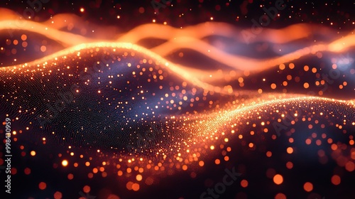 An abstract background featuring the movement of luminous particles with digital technology elements in a 3D rendered environment.