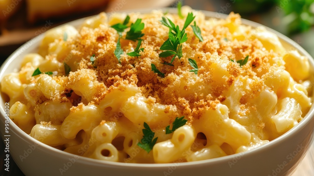 A warm bowl of creamy macaroni and cheese with a golden breadcrumb topping, garnished with fresh parsley. A warm bowl of creamy macaroni and cheese with a golden breadcrumb topping, garnished with fresh parsley.