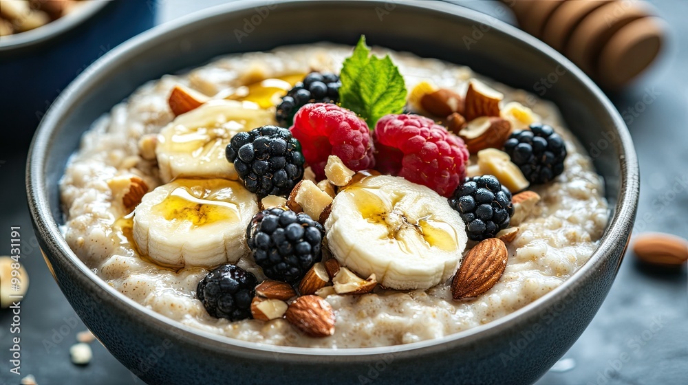 A warm bowl of oatmeal topped with sliced banana, fresh berries, nuts, and a drizzle of honey. A warm bowl of oatmeal topped with sliced banana, fresh berries, nuts, and a drizzle of honey.
