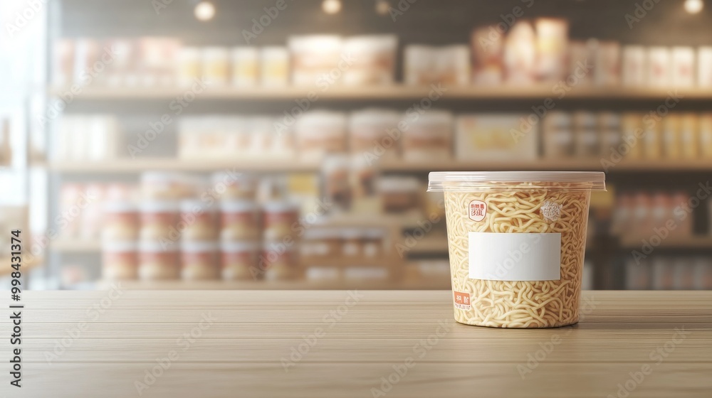 Minimalist background template for noodle product design, highlighting empty packaging objects like fast food boxes, dessert bags, and porridge cups in a clean, white space.
