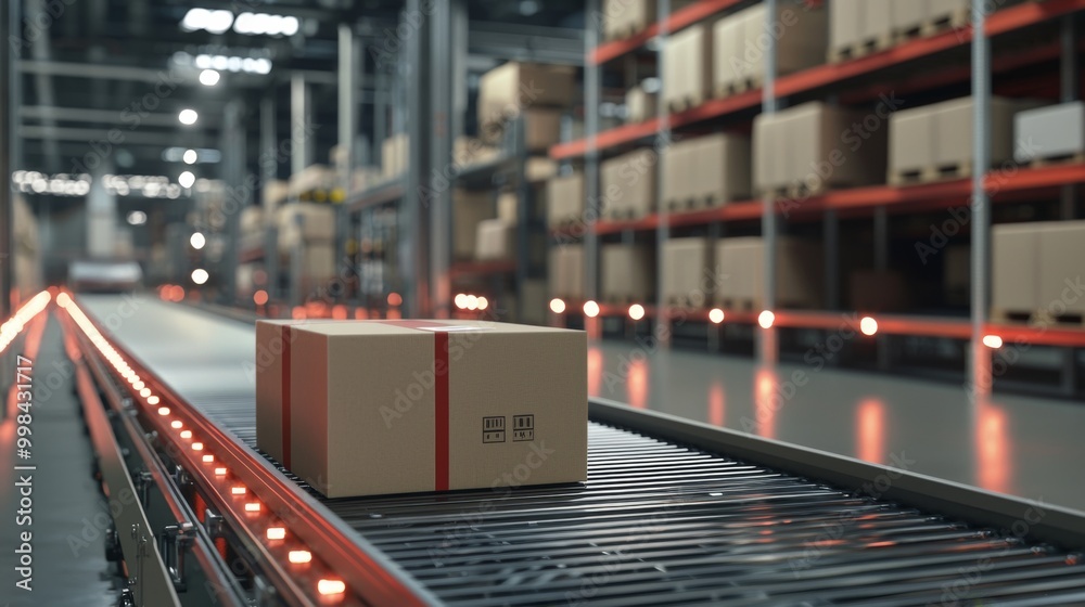 Cardboard boxes being transported on conveyor belt in automated warehouse fulfillment center Cardboard boxes being transported on conveyor belt in automated warehouse fulfillment center