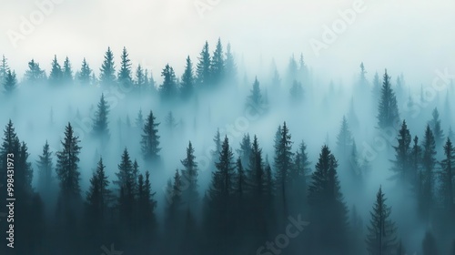 misty forest landscape ethereal fog among tall trees mysterious atmosphere muted color palette