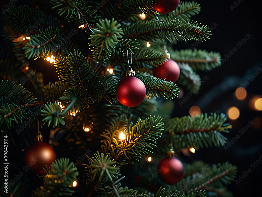 A Christmas tree adorned with red baubles and glowing lights. A Christmas tree adorned with red baubles and glowing lights.