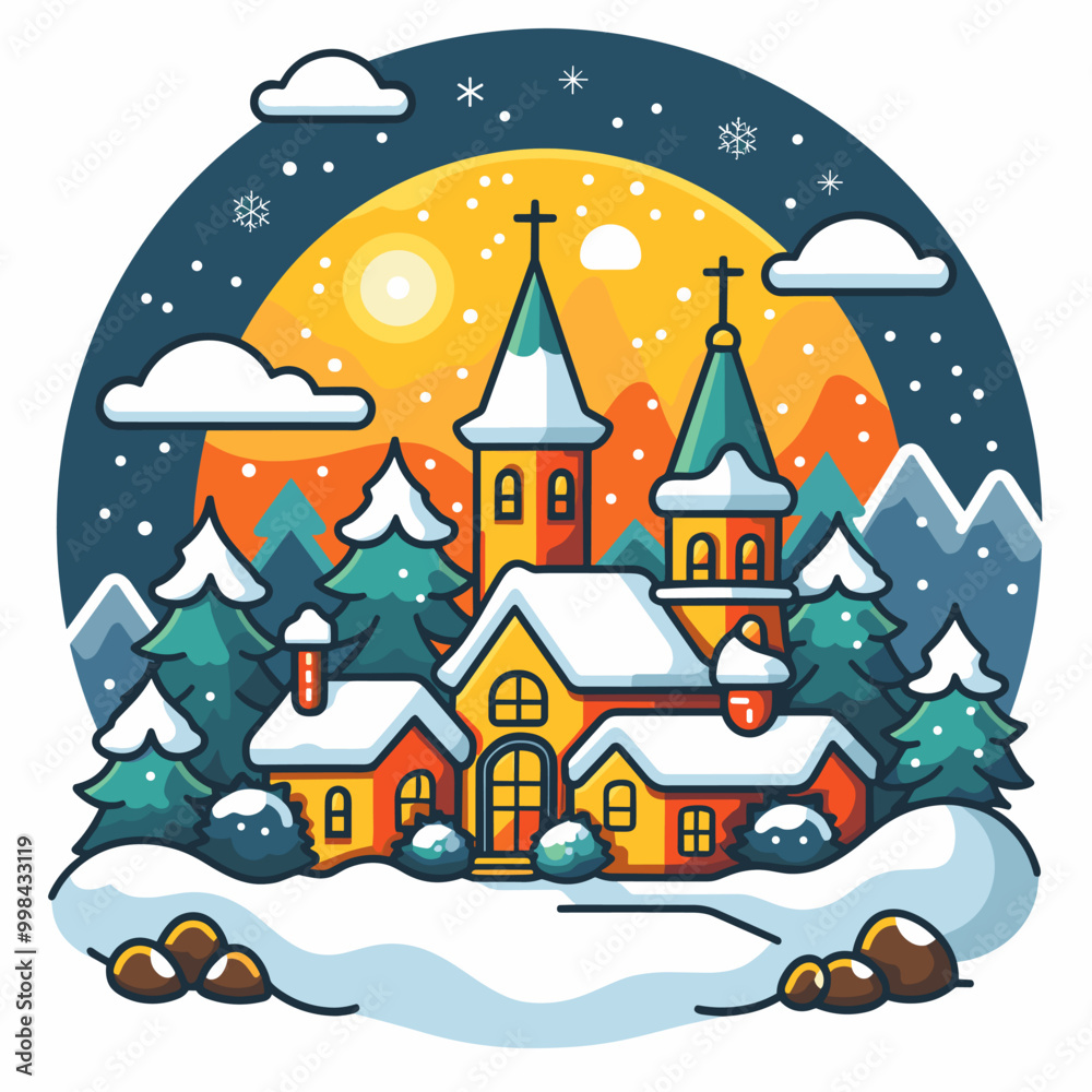 A drawing of a small village with a church and a house. The houses are covered in snow and the church has a steeple. The sky is orange and the sun is setting A drawing of a small village with a church and a house. The houses are covered in snow and the church has a steeple. The sky is orange and the sun is setting