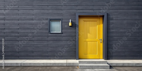 Dark gray house with yellow door in forced perspective photo