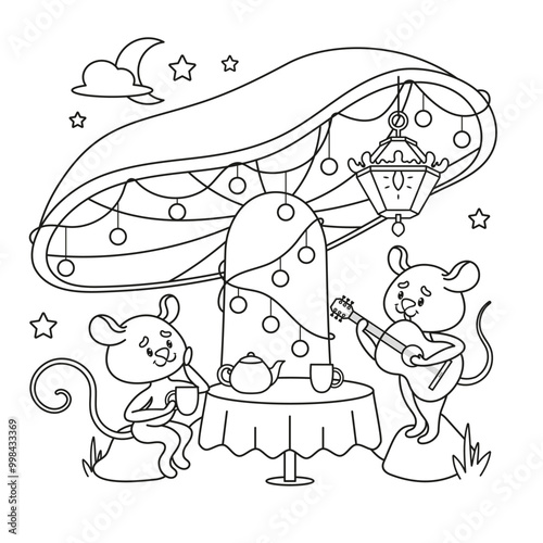 Mice Tea Party Under a Mushroom - Whimsical Coloring Page. Vector Illustration.