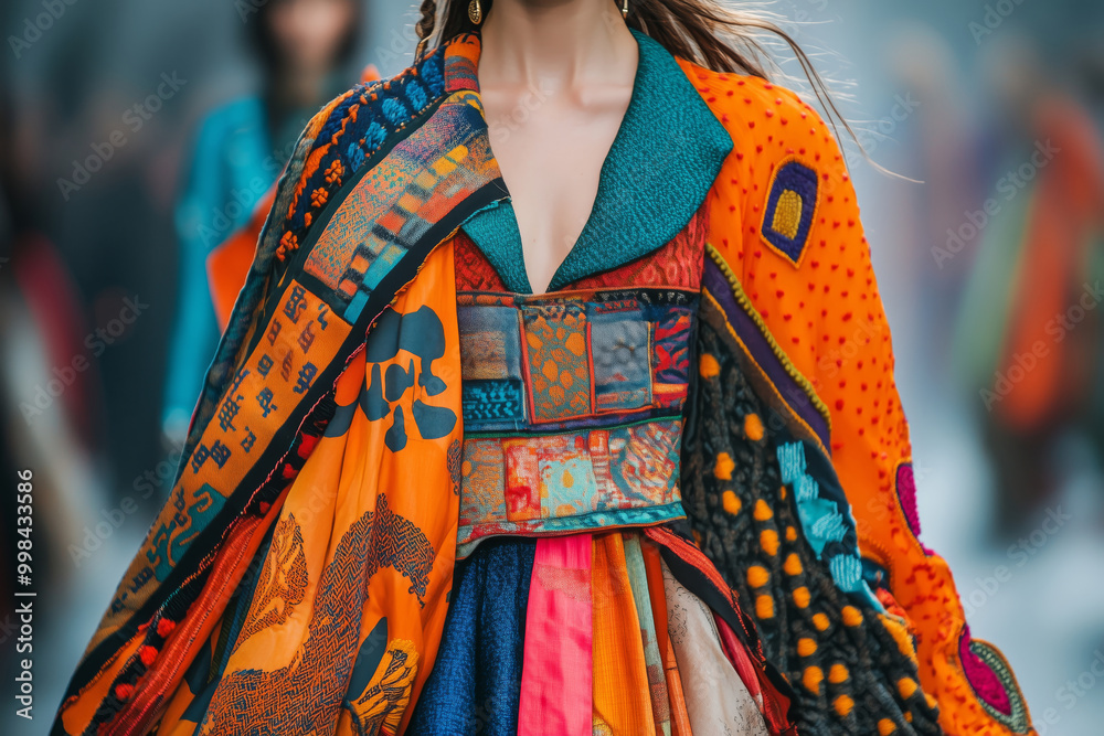 Obraz premium A vibrant runway showcase celebrating global textiles with intricate patterns and bold colors in an urban setting