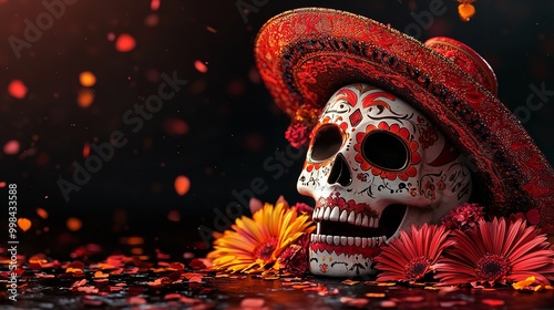 Day of the Dead skull with colorful flowers, dark background, vibrant and festive, halfview photo