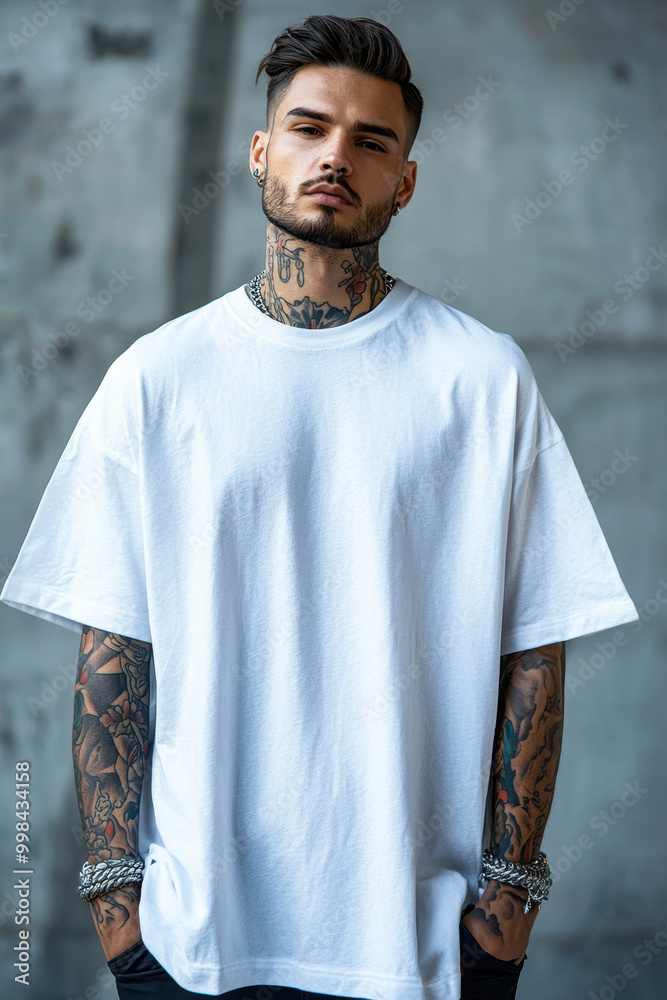 Oversized tshirt mockup, In front of a raw cement background, a man showcases his stylish tattoo while wearing a white oversized t-shirt. The industrial setting enhances the casual Oversized tshirt mockup, In front of a raw cement background, a man showcases his stylish tattoo while wearing a white oversized t-shirt. The industrial setting enhances the casual