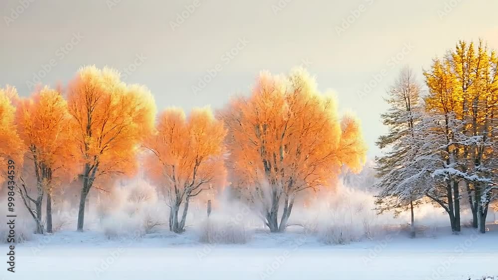 Golden sunrise light on frosty winter trees