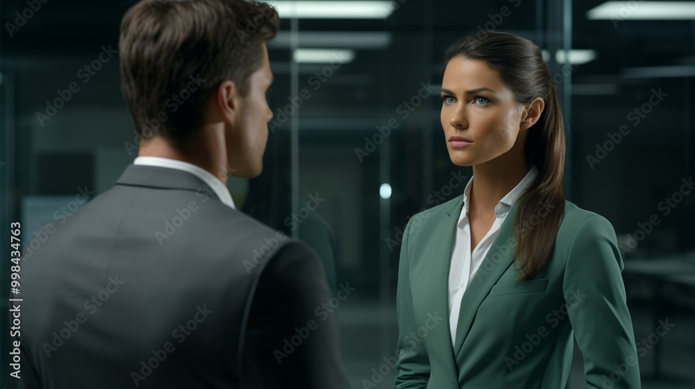 Serious business discussion between professionals image. Caucasian man and woman in modern office photography scene wallpaper. Corporate communication concept photorealistic photo Serious business discussion between professionals image. Caucasian man and woman in modern office photography scene wallpaper. Corporate communication concept photorealistic photo