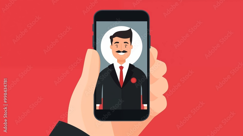 Hand holding smartphone displaying man in suit and tie 2D illustration. Businessman mobile against bold red background flat cartoon image. Male character corporate wallpaper art