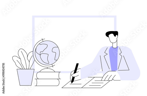 Male teacher in classroom. Pedagogue man sitting at table and checking homework. Flat vector style.