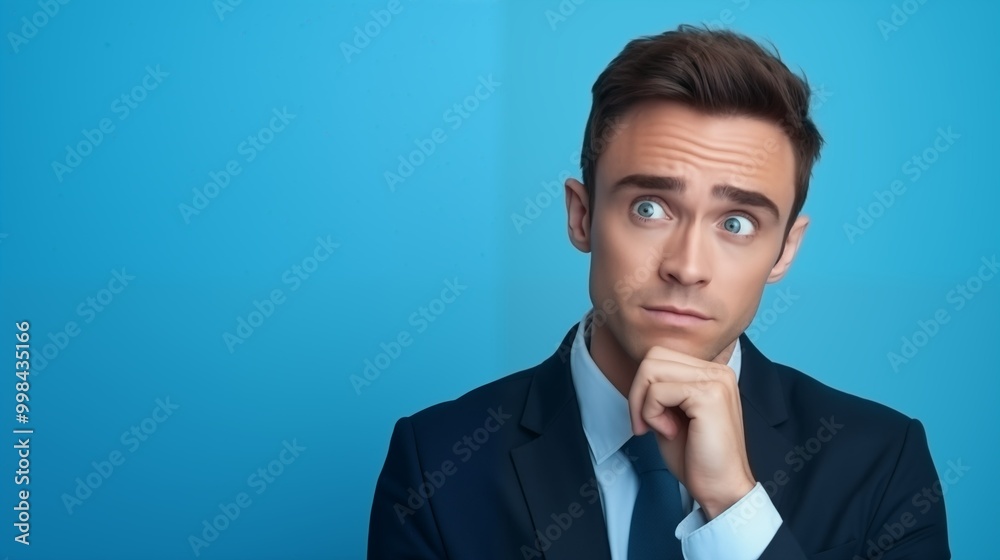Caucasian businessman thinking with hand on chin image copy space. Professional man looking to side thoughtfully banner background blurred. Corporate decision-making concept copyspace Caucasian businessman thinking with hand on chin image copy space. Professional man looking to side thoughtfully banner background blurred. Corporate decision-making concept copyspace