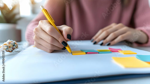 Person Writing on Paper with Colorful Sticky Notes