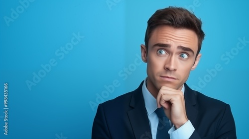 Caucasian businessman thinking with hand on chin image copy space. Professional man looking to side thoughtfully banner background blurred. Corporate decision-making concept copyspace