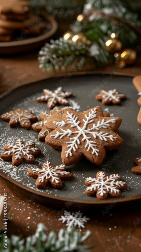A plate of cookies with snowflake designs on them A plate of cookies with snowflake designs on them