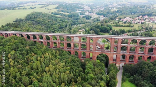 Luftaufnahme der Göltzschtalbrücke, ein beeindruckendes Viadukt aus Ziegelsteinen, das sich majestätisch über das Tal der Göltzsch spannt. photo