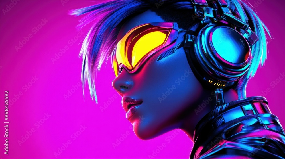 Futuristic Woman with Neon Goggles and Headphones Futuristic Woman with Neon Goggles and Headphones