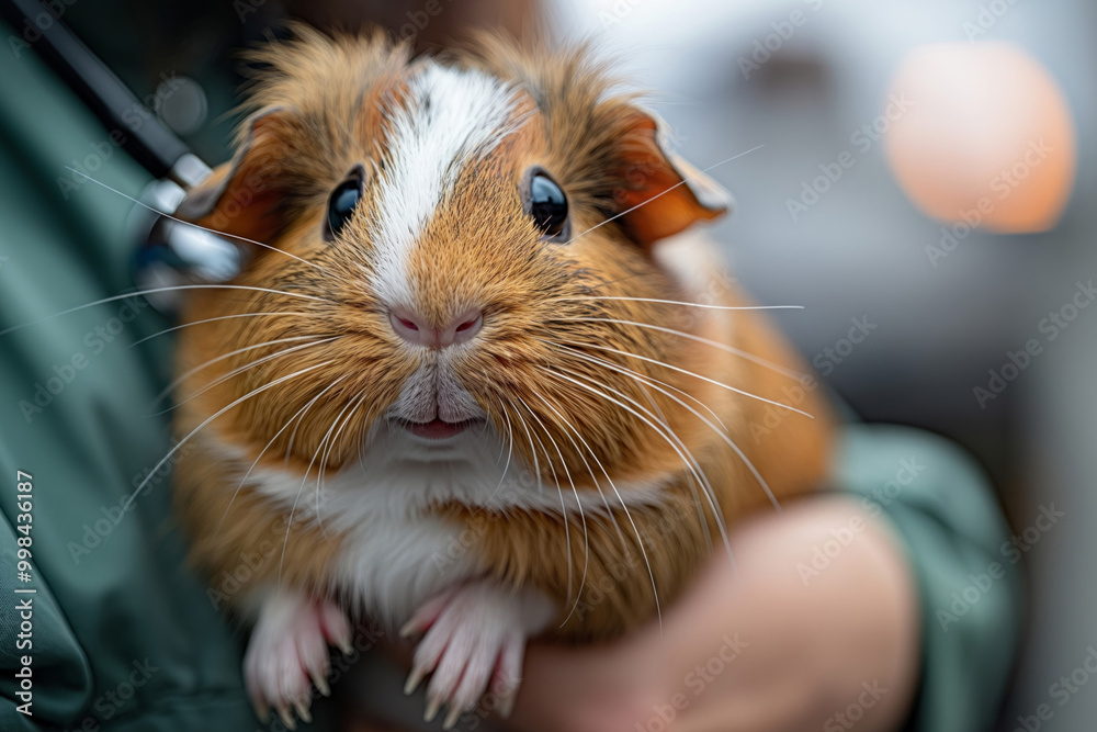 Close-up of an adorable guinea pig with brown and white fur, being held gently, showcasing its cute face and whiskers. Close-up of an adorable guinea pig with brown and white fur, being held gently, showcasing its cute face and whiskers.