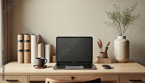 Minimalist Workspace with Laptop, Coffee Cup, and Books on Wooden Desk. Clean Design for Mockups with Neutral Colors and Modern Style. AI-generated