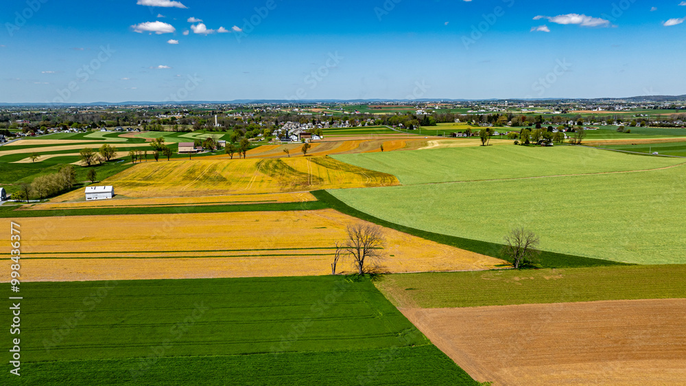 Obraz premium A serene view of colorful fields showcases the beauty of agriculture during spring, highlighting diverse crops across the landscape. Nearby, a small rural settlement adds to the charm.