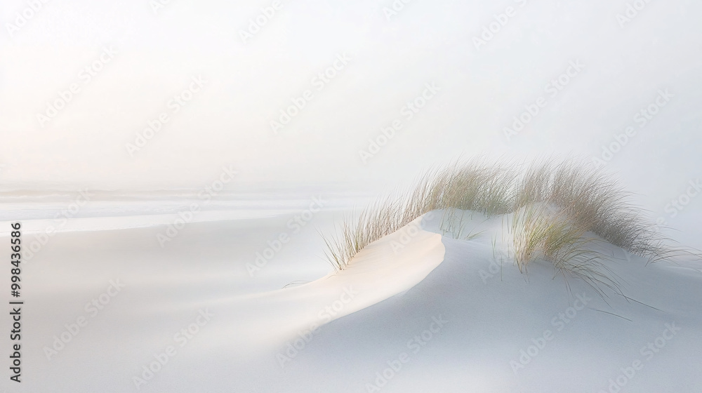 Serene coastal sand dunes with windswept grasses stretching towards a misty horizon, creating a tranquil beach landscape with smooth textures and soft natural light Serene coastal sand dunes with windswept grasses stretching towards a misty horizon, creating a tranquil beach landscape with smooth textures and soft natural light