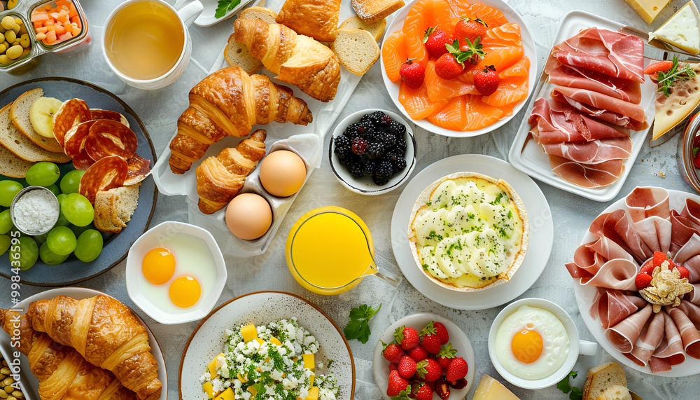 Large selection of breakfast dishes on the table with muesli, eggs, croissants, orange juice, fruit, smoked salmon, cold cuts, cheese and jam served with coffee, top view Large selection of breakfast dishes on the table with muesli, eggs, croissants, orange juice, fruit, smoked salmon, cold cuts, cheese and jam served with coffee, top view