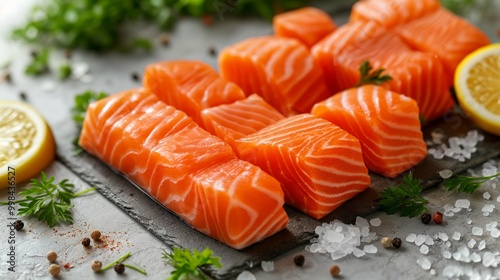 Fresh salmon slices ready for cooking, garnished with lemon, herbs, and pepper.