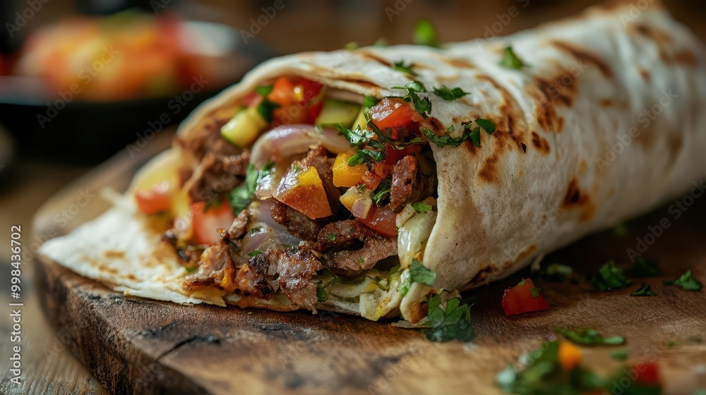 mouthwatering closeup of a freshly prepared shawarma on a rustic wooden board showcasing vibrant ingredients and textures mouthwatering closeup of a freshly prepared shawarma on a rustic wooden board showcasing vibrant ingredients and textures