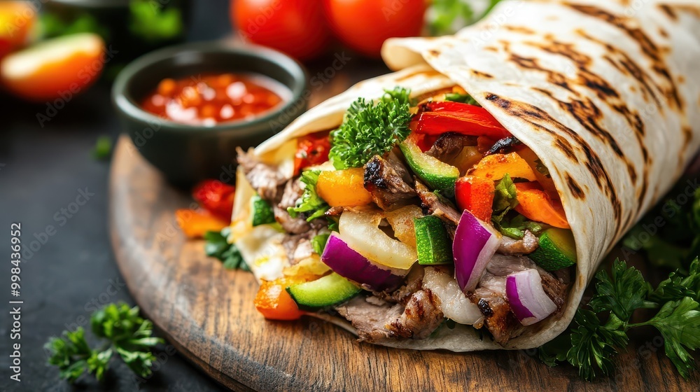 mouthwatering closeup of freshly prepared shawarma wrap on rustic wooden board showcasing vibrant vegetables and succulent grilled meat