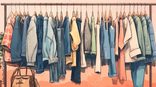 Clothes Hanging on a Rack in a Colorful Illustration