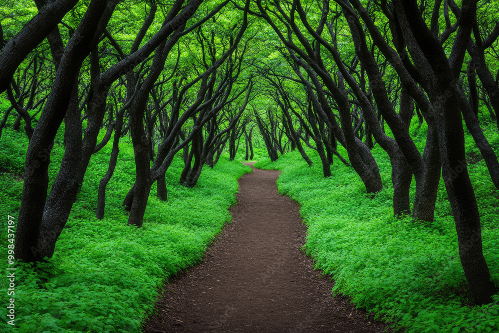 Serene pathway through lush green forest with dramatic tree branches. Serene pathway through lush green forest with dramatic tree branches.